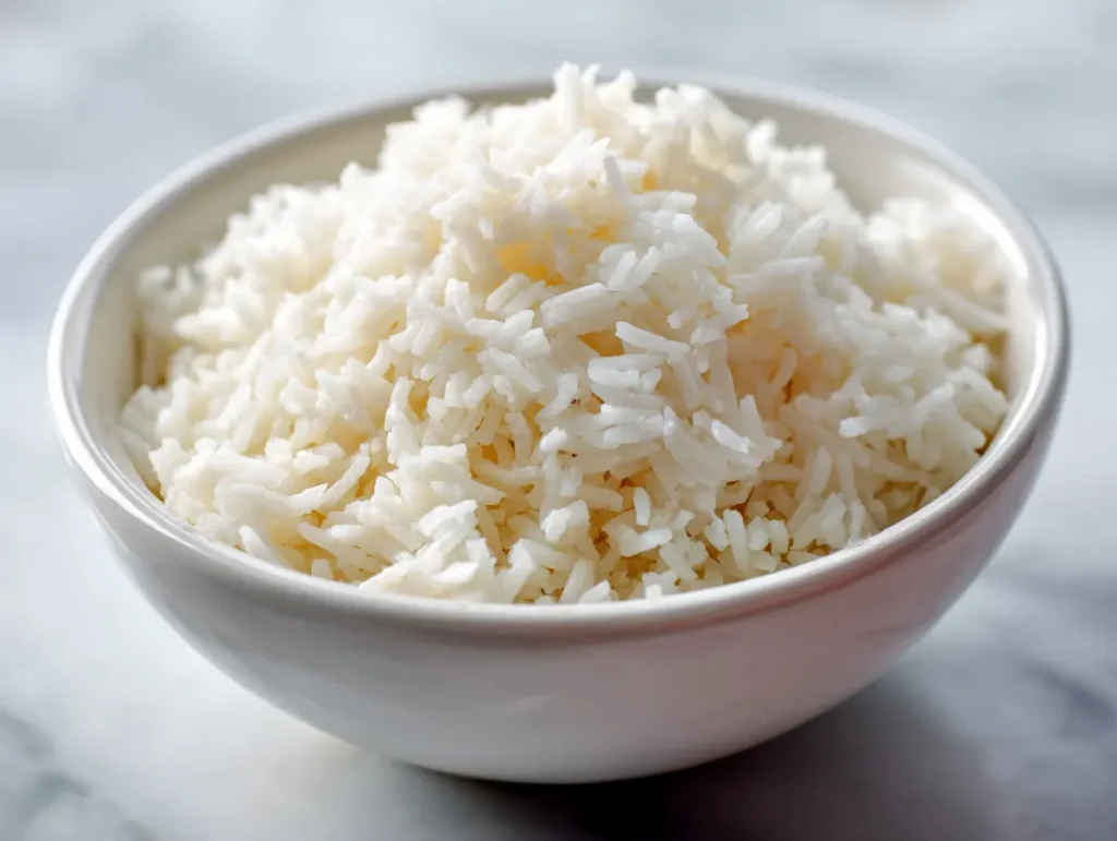 bibimbap-recipe-rice-cooked Short-grain white rice cooked for bibimbap recipe, slightly sticky texture in white ceramic bowl