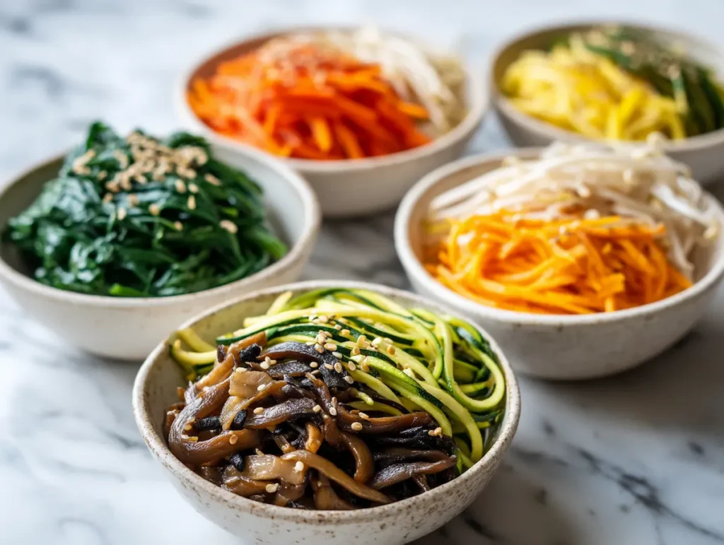 bibimbap-recipe-vegetables-seasoned Five individually seasoned bibimbap vegetables in separate piles: spinach, carrots, zucchini, mushrooms, bean sprouts