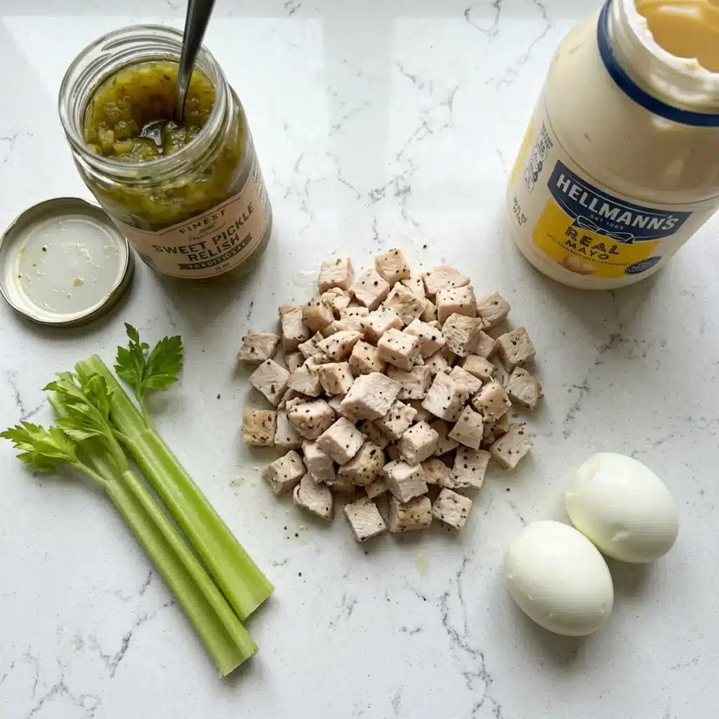chick-fil-a chicken salad recipe 5 ingredients flat lay chicken celery relish mayo eggs white quartz