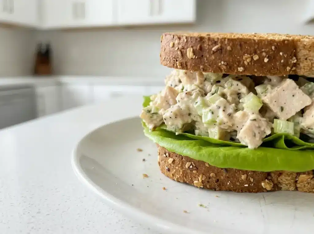 chick-fil-a chicken salad recipe on toasted wheat bread with butter lettuce on white ceramic plate