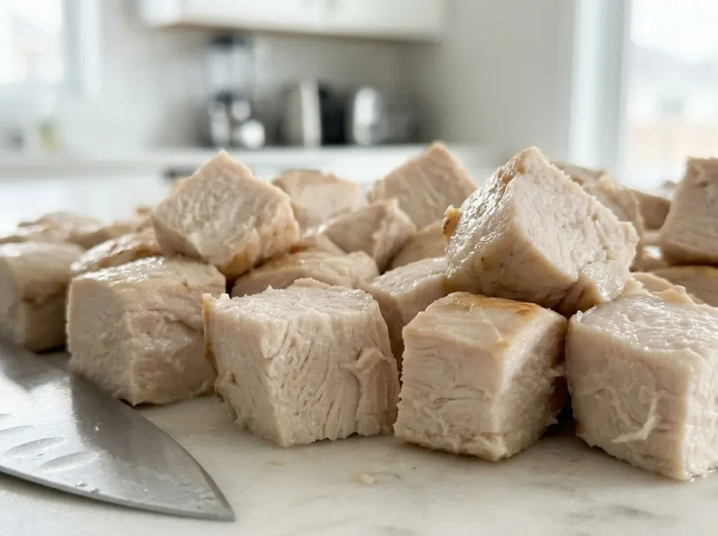 cooked chicken breast cooled and cut into 1 inch cubes on white cutting board for chick-fil-a chicken salad recipe