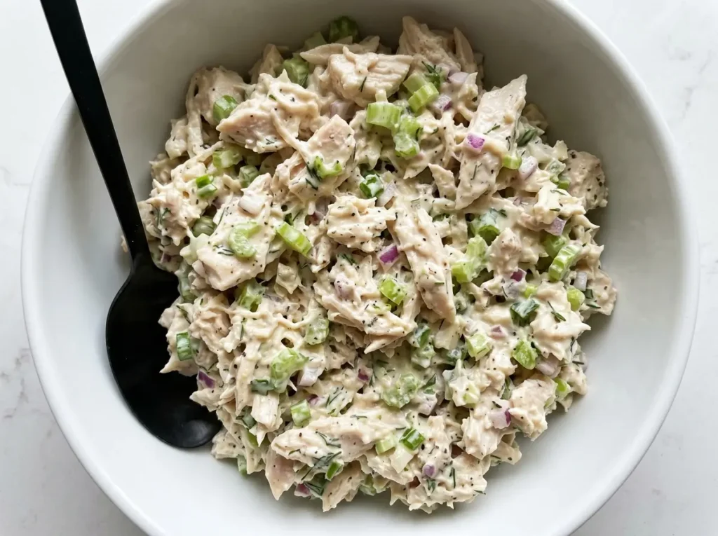 modern food processor bowl with chunky chicken celery mayo and sweet pickle relish for chick-fil-a chicken salad recipe