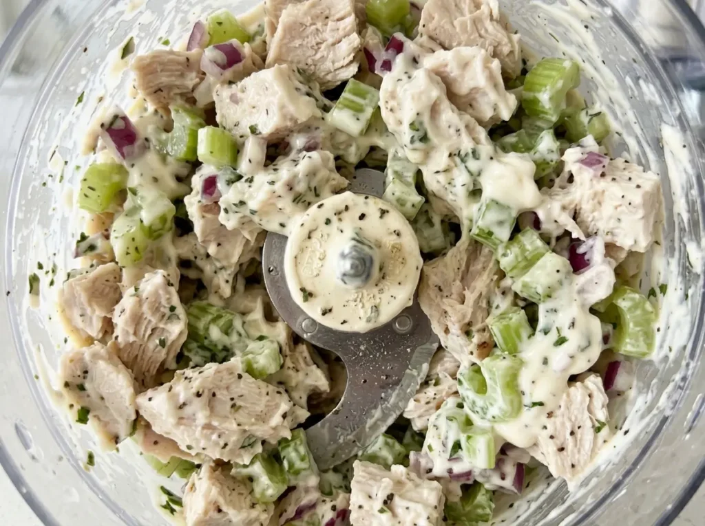 finished chick-fil-a chicken salad recipe in white ceramic bowl showing chunky creamy texture with visible celery