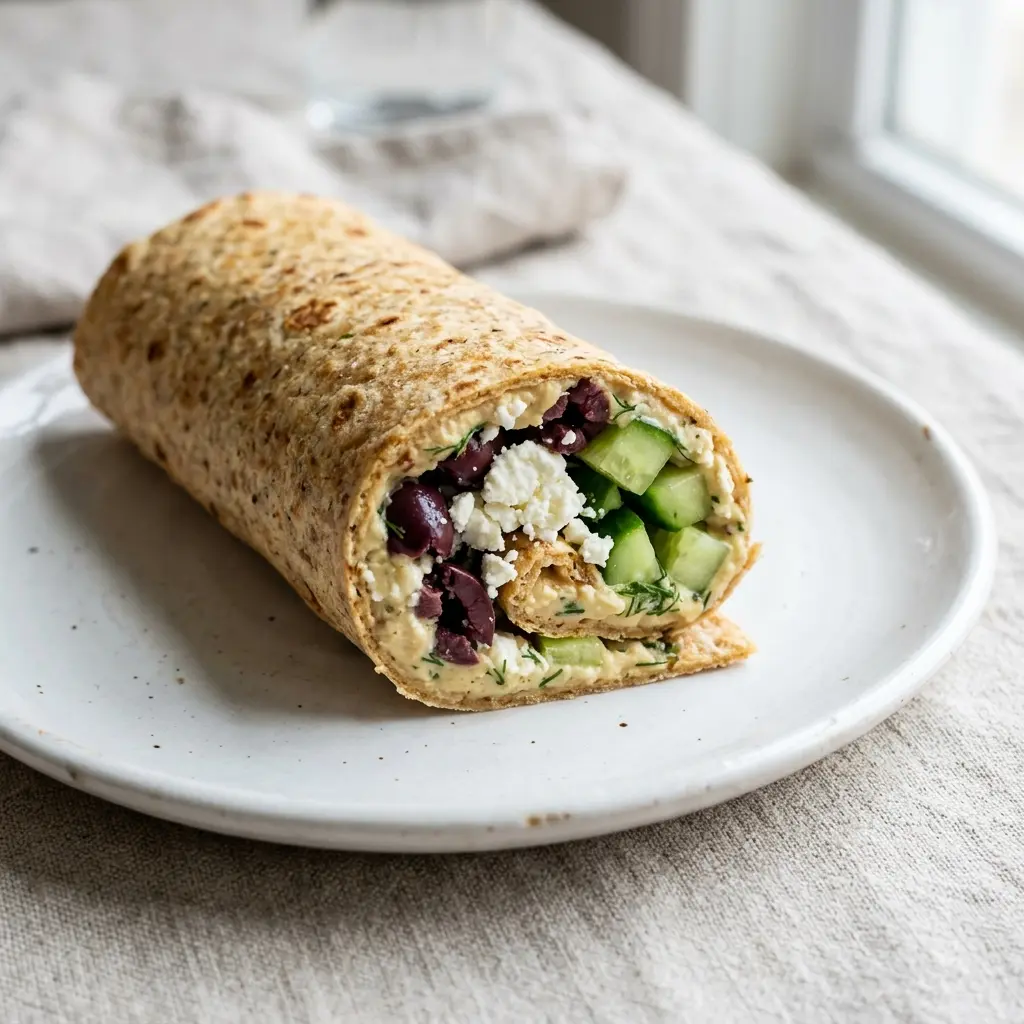Rolled cottage cheese flatbread with Mediterranean fillings like olives and feta