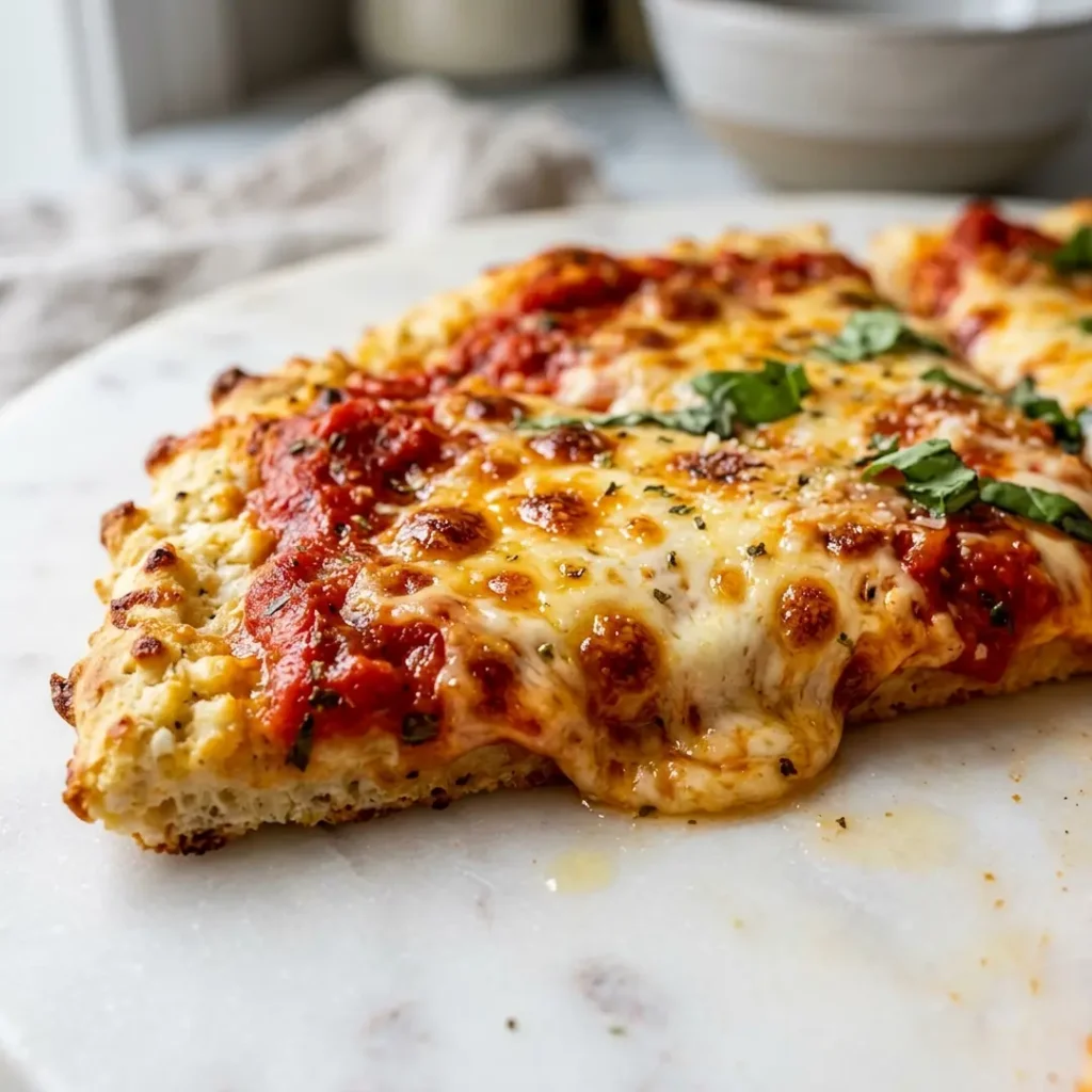 Cottage cheese flatbread topped with marinara and melted mozzarella pizza style