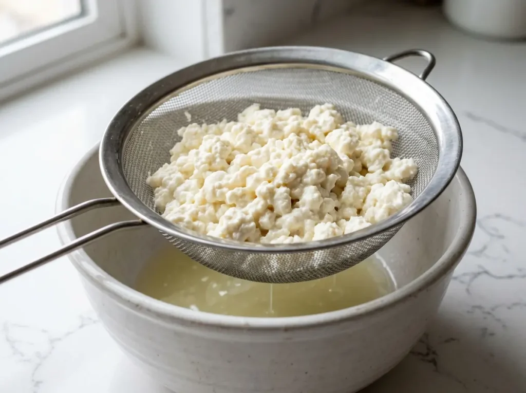 Straining cottage cheese curds through a fine mesh sieve