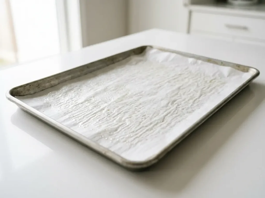 Quarter sheet pan lined with oiled parchment paper
