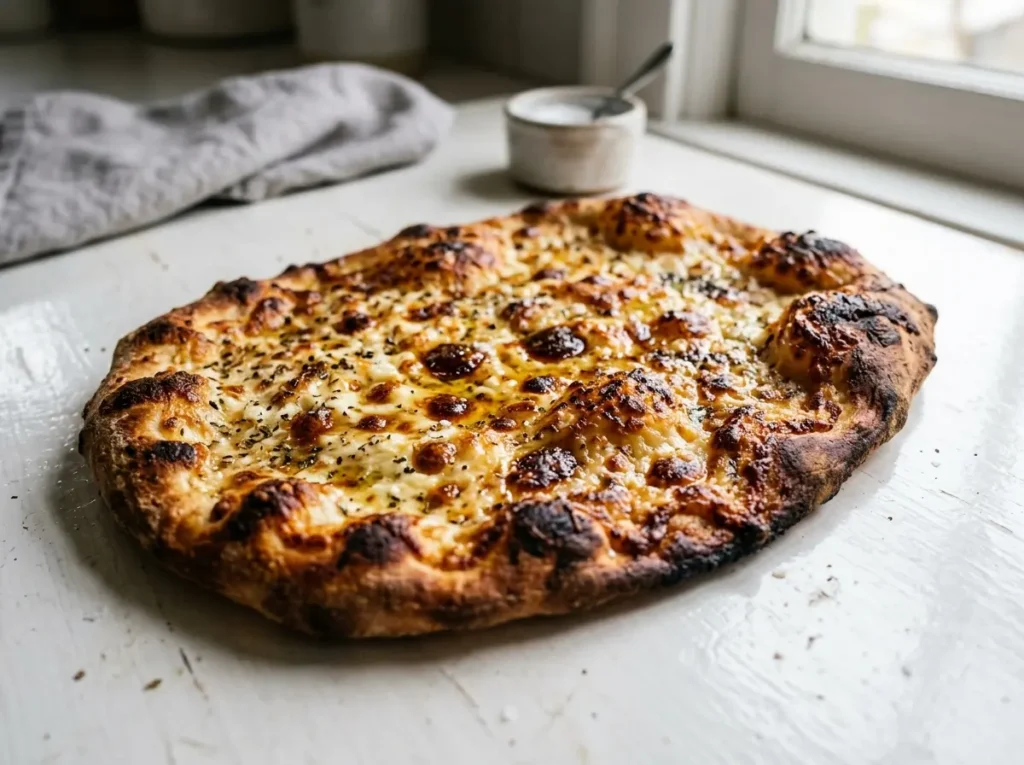 Baked cottage cheese flatbread with golden brown edges cooling on a counter