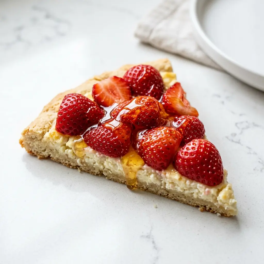 Sweet cottage cheese flatbread topped with fresh strawberries and honey