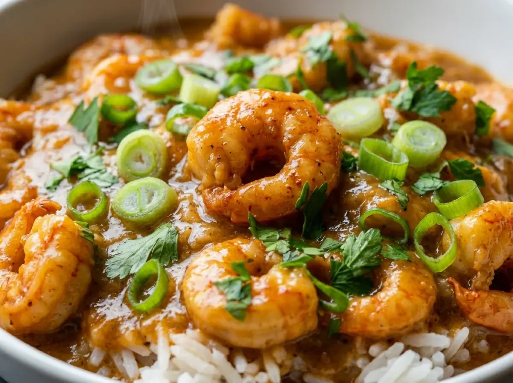 Cajun Crawfish Etouffee and Creole Crawfish Etouffee Side by Side Close Up in Two Modern White Bowls on Dark Slate Cajun crawfish etouffee with dark orange sauce close up in left bowl and Creole crawfish etouffee with lighter sauce and visible diced tomatoes in right bowl on dark slate