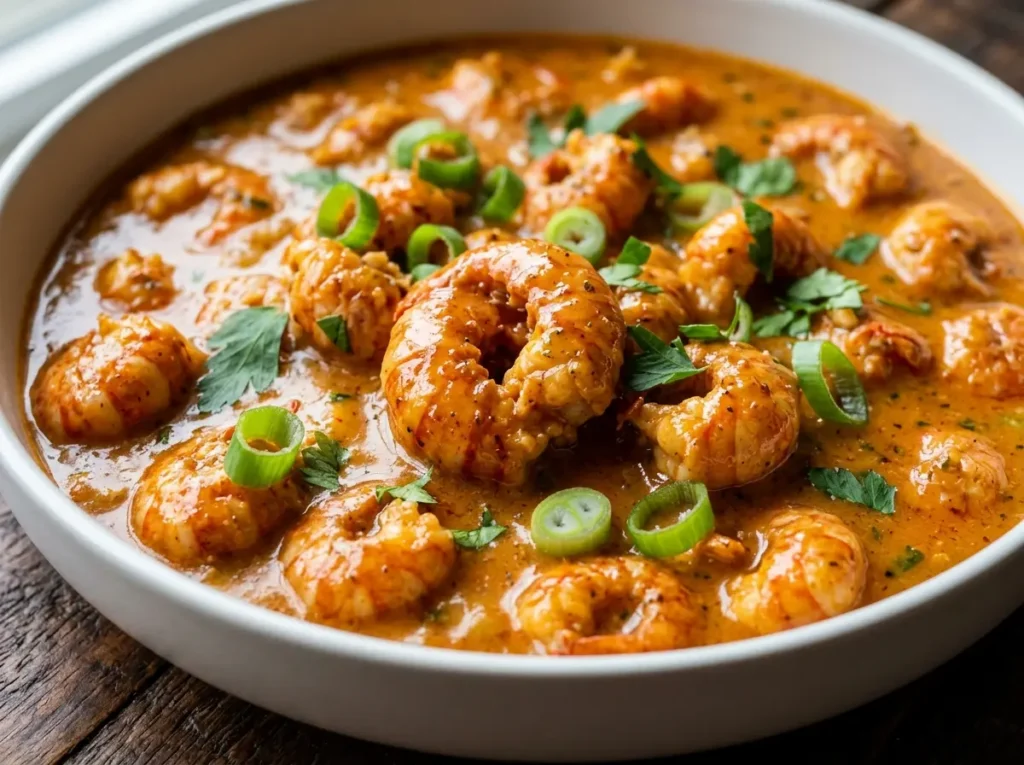 Crawfish etouffee served over white rice in a white bowl garnished with green onions and parsley on rustic wood close up