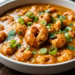 Crawfish etouffee served over white rice in a white bowl garnished with green onions and parsley on rustic wood close up