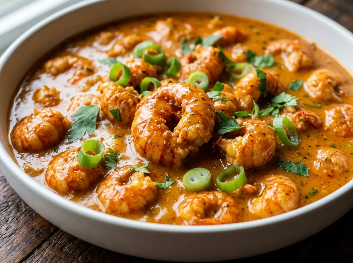 Crawfish Etouffee: The One Cajun Dish Worth Learning to Make Properly 2 Crawfish etouffee served over white rice in a white bowl garnished with green onions and parsley on rustic wood close up
