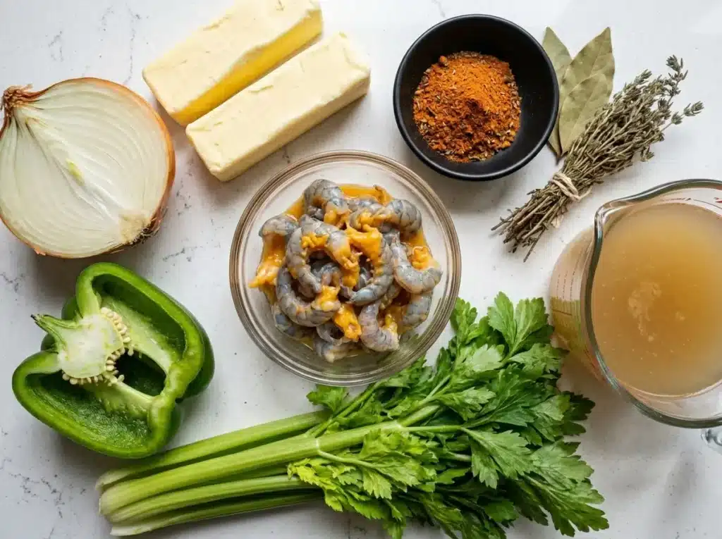 Crawfish etouffee ingredients laid out on white marble Crawfish etouffee ingredients including crawfish tails with orange fat butter yellow onion green bell pepper celery and Cajun seasoning arranged on white marble zoomed in