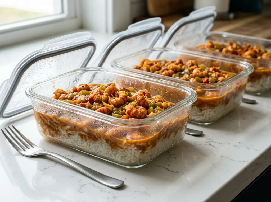 Crawfish Etouffee Zoomed Into Three Modern Glass Meal Prep Containers with White Rice on White Quartz Crawfish etouffee with orange Cajun sauce zoomed in three modern glass meal prep containers with white rice on white quartz countertop