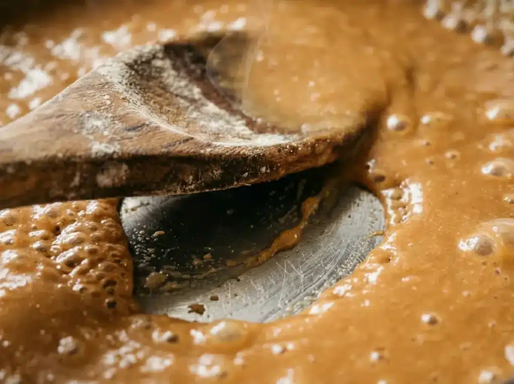 Step 1 crawfish etouffee blonde roux in cast iron skillet Crawfish etouffee blonde roux being stirred with a wooden spoon in a modern stainless steel pan on an induction stovetop showing peanut butter color close up