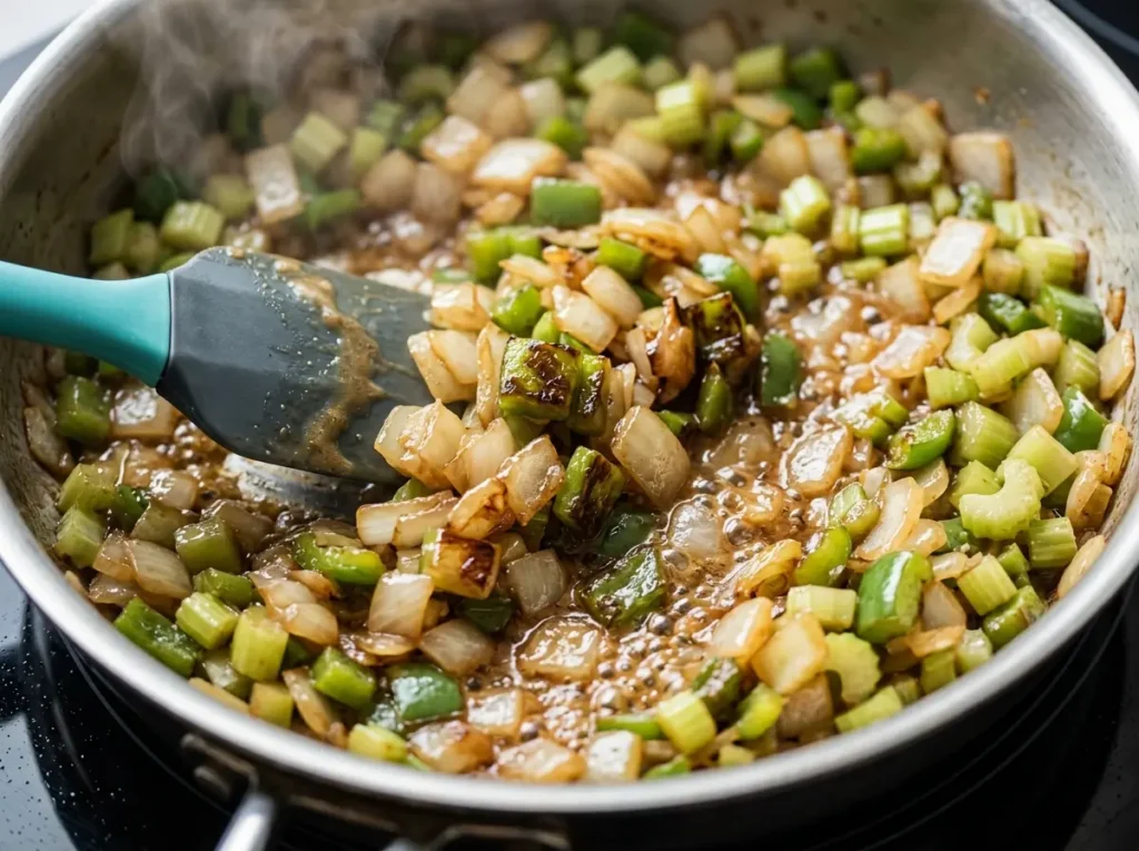 Step 2 crawfish etouffee holy trinity cooking in roux Diced yellow onion green bell pepper and celery softening in crawfish etouffee roux in a modern stainless steel pan on induction stovetop close up