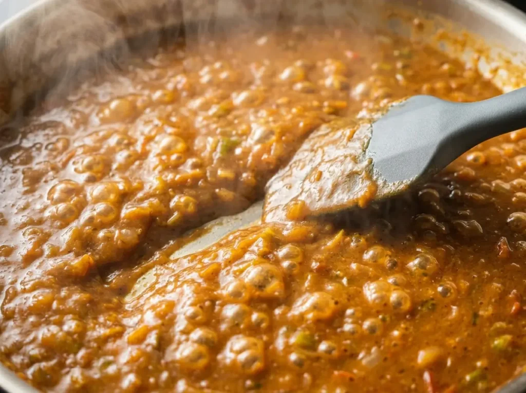 Step 4 crawfish tails added to etouffee sauce in skillet Crawfish etouffee Cajun sauce simmering close up in a modern stainless steel pan on induction stovetop showing thick coating consistency and simmer bubbles