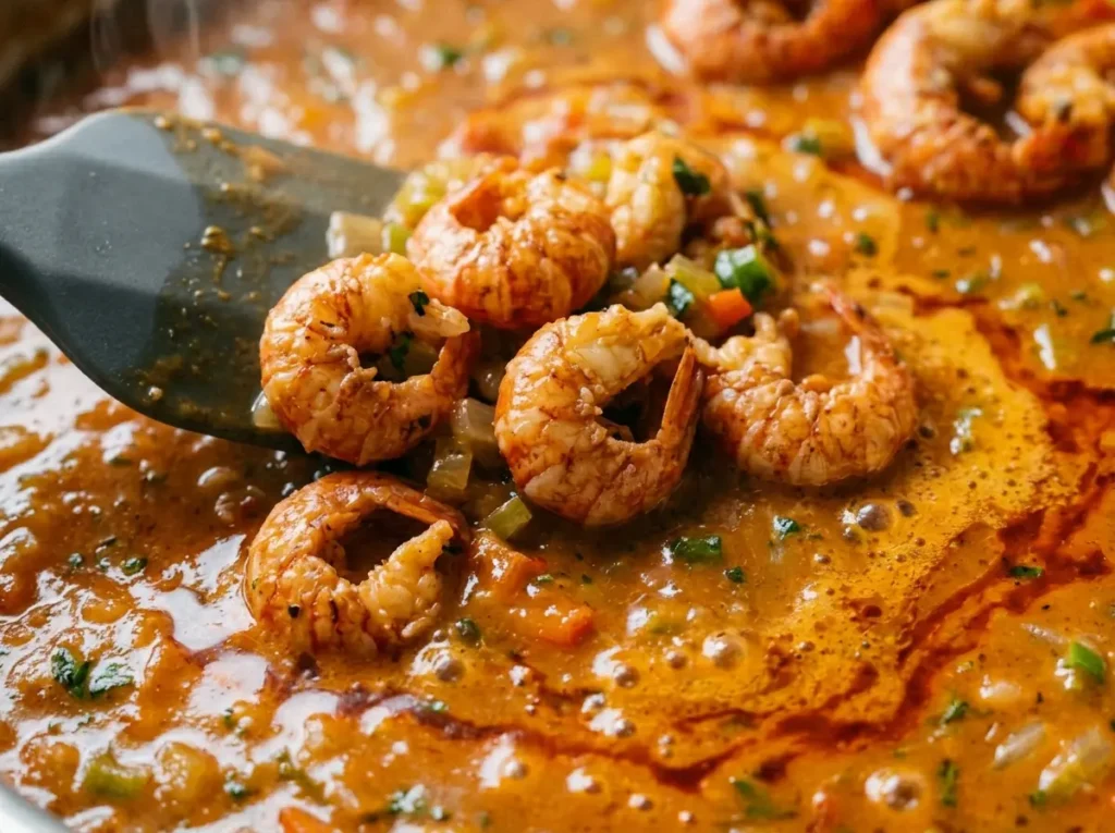 Step 5 finished crawfish etouffee plated over white rice in white bowl Finished crawfish etouffee with glossy cold butter sauce zoomed in over white rice garnished with green onions and parsley in modern white bowl on dark slate surface