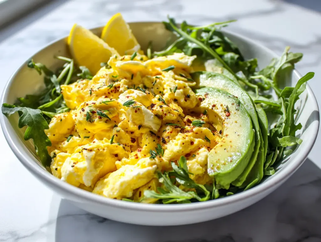 Dr Gundry lectin free diet meal avocado egg bowl with arugula and olive oil Lectin free avocado egg bowl with scrambled eggs arugula olive oil and lemon on white marble