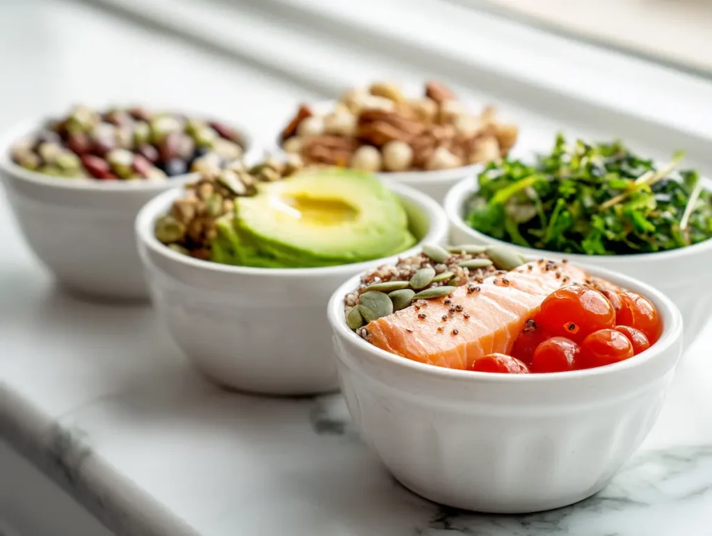 Lectin free diet versus paleo keto gluten free Mediterranean diet food comparison Dr Gundry lectin free diet compared to paleo keto Mediterranean food groups on white marble