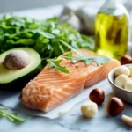 Dr Gundry lectin free diet approved foods avocado leafy greens olive oil wild salmon on white marble