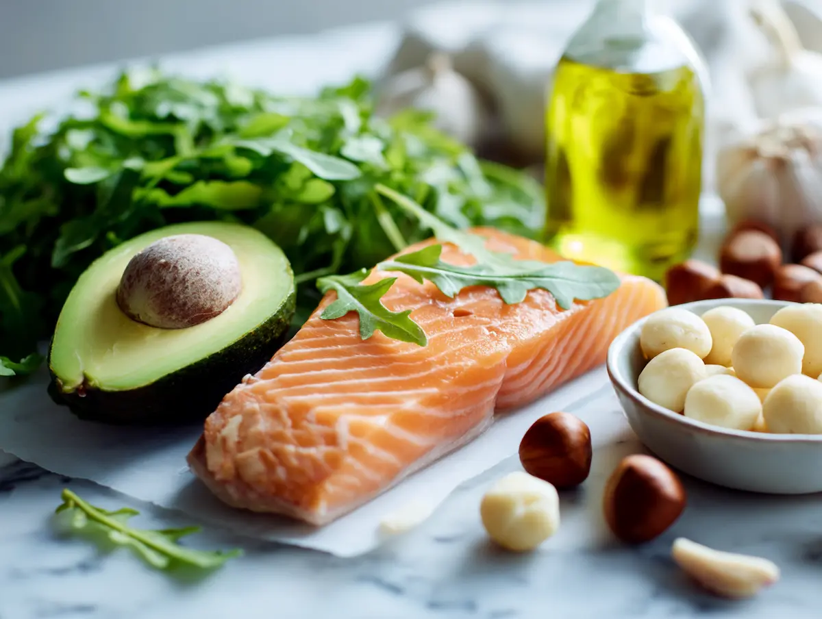 Dr Gundry Lectin Free Diet: What to Know Before You Start 1 Dr Gundry lectin free diet approved foods avocado leafy greens olive oil wild salmon on white marble