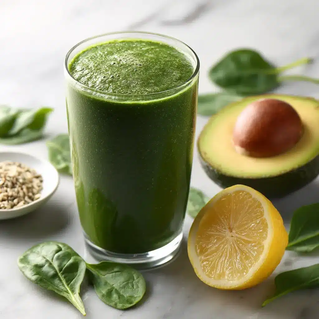 dr-gundry-lectin-free-diet-phase1-cleanse Dr Gundry lectin free diet phase 1 green smoothie with spinach avocado and lemon in clear glass on white marble