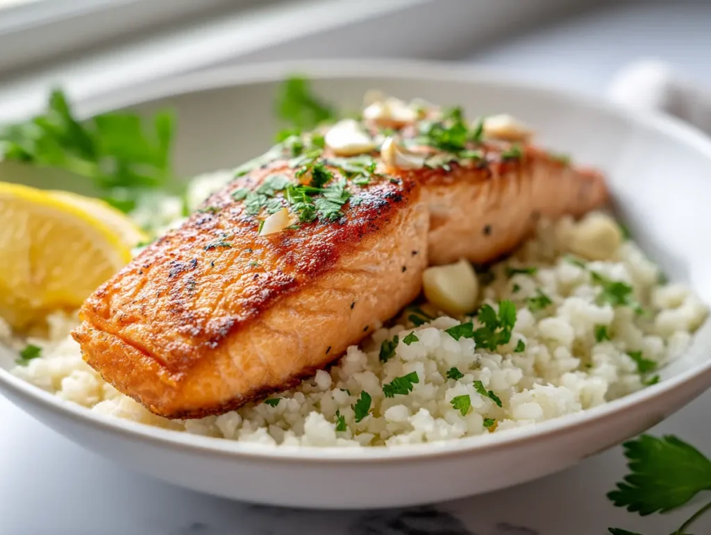 Dr Gundry lectin free diet meal wild salmon with garlic cauliflower rice Lectin free wild salmon fillet on garlic cauliflower rice with lemon and fresh parsley on white marble