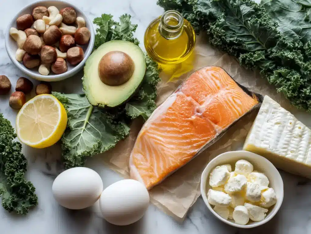 Complete yes food list for Dr Gundry lectin free diet on white marble Dr Gundry lectin free diet yes foods avocado leafy greens wild salmon olive oil macadamia nuts white marble
