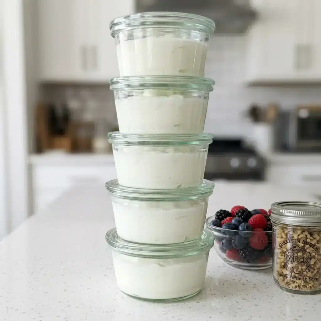 five glass meal prep containers filled with greek yogurt beside walnut jar and berry container for dr phil low sugar recipe weekly prep