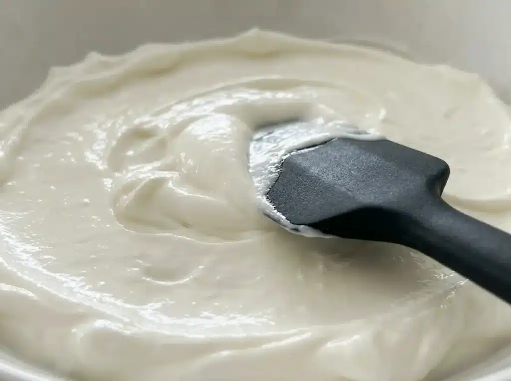 spreading thick plain greek yogurt flat in white ceramic bowl with silicone spatula for dr phil low sugar recipe