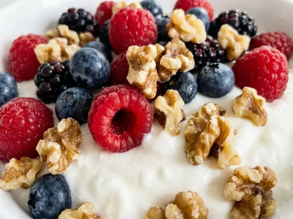 rough chopped raw walnuts scattered onto berry greek yogurt bowl for dr phil low sugar recipe step 4
