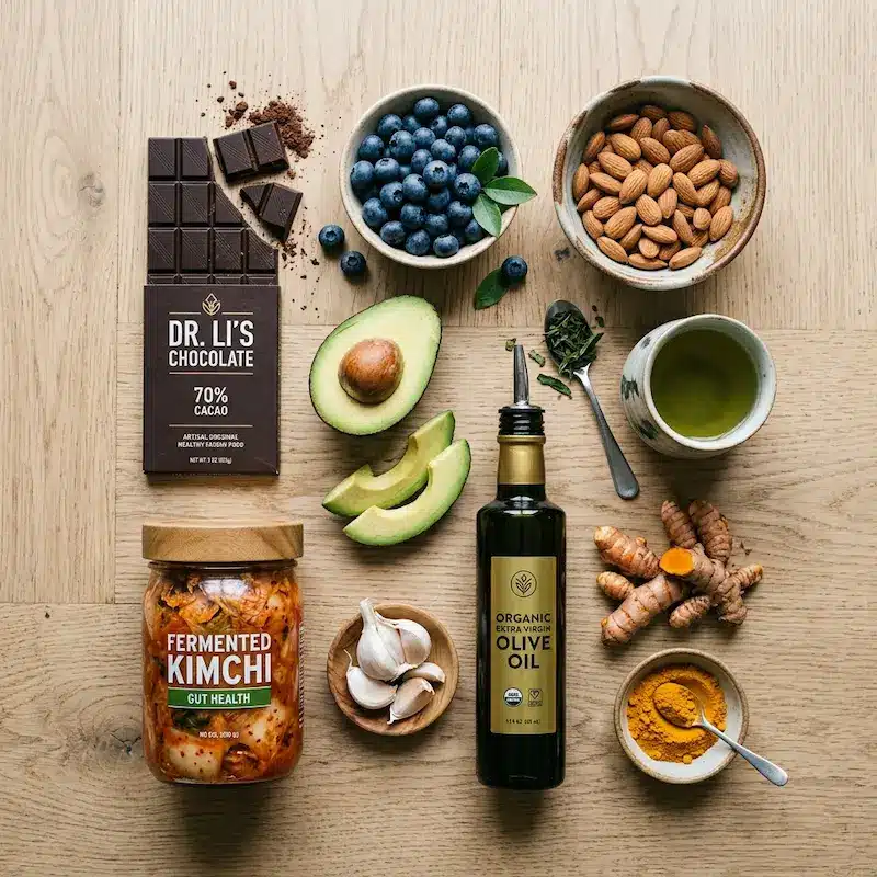 dr william li food list 5x5x5 plan dark chocolate blueberries avocado green tea