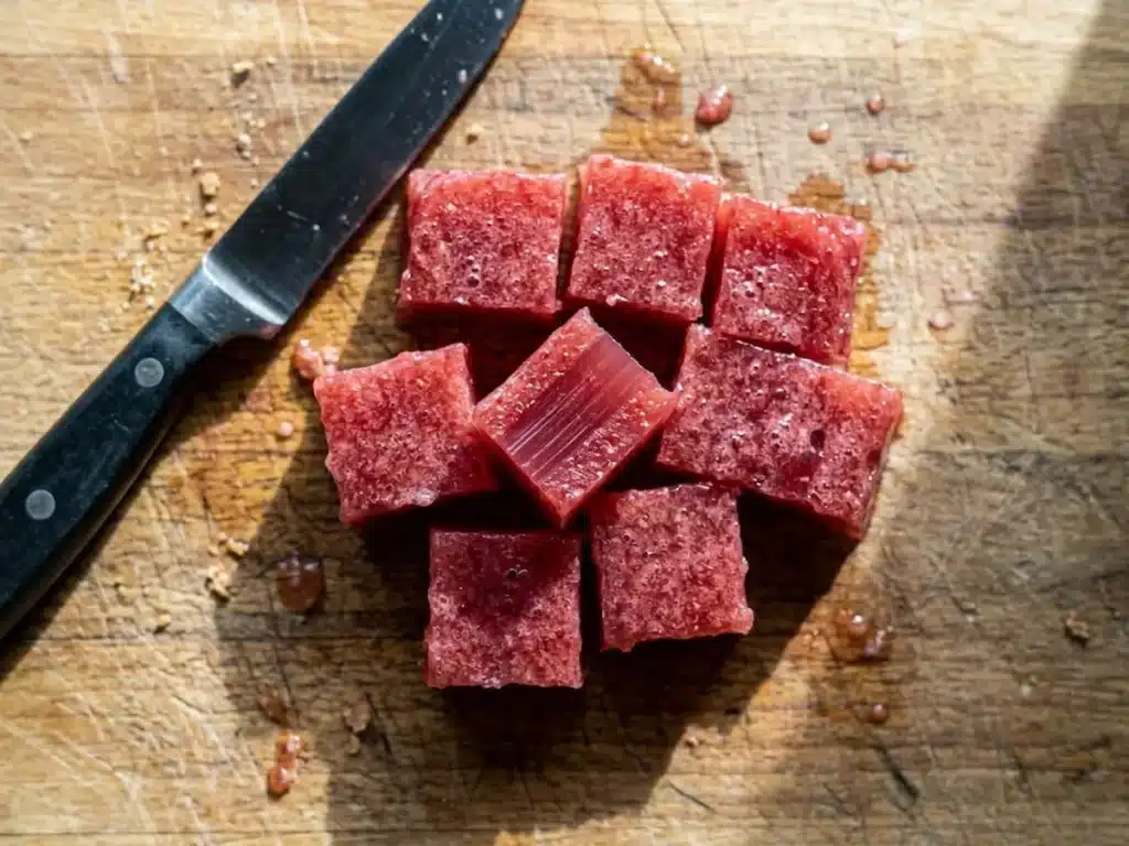 freshly cut dr william li gelatin recipe for weight loss pink cubes on worn wooden cutting board with knife beside them