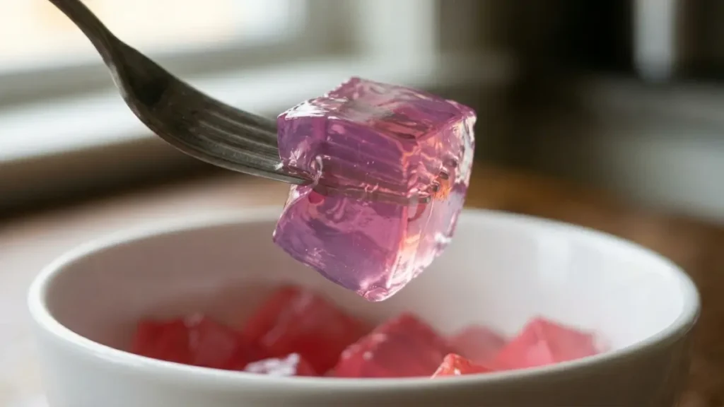 fork spearing single wobbly pink gelatin cube from white bowl showing soft jiggly texture of dr william li gelatin recipe for weight loss
