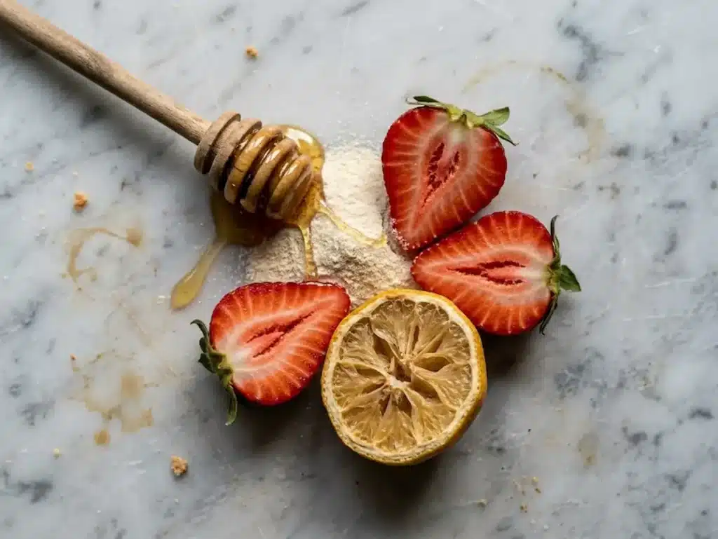 dr william li gelatin recipe for weight loss ingredients showing unflavored gelatin powder fresh strawberries honey and lemon on kitchen counter