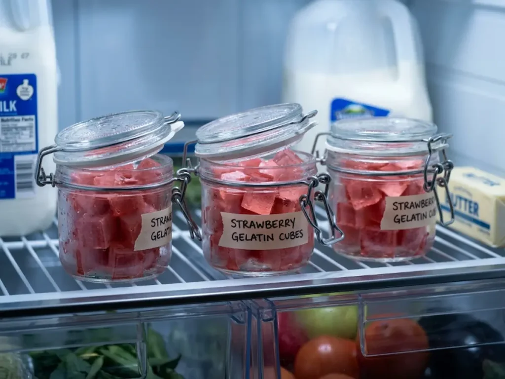 glass containers filled with dr william li gelatin recipe for weight loss pink cubes stored in refrigerator for weekly meal prep