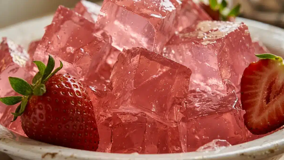 dr william li gelatin recipe for weight loss pink wobbly cubes served in white ceramic bowl with fresh strawberries