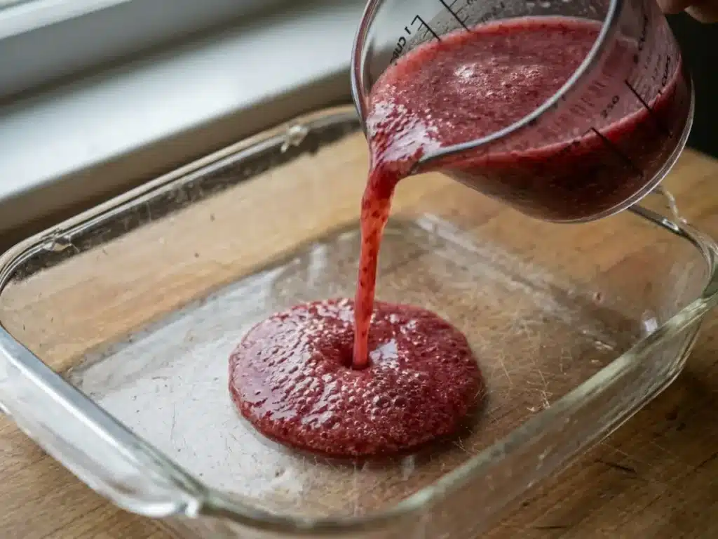 pink gelatin liquid being poured mid-stream from measuring cup into rectangular glass dish for dr william li gelatin recipe weight loss