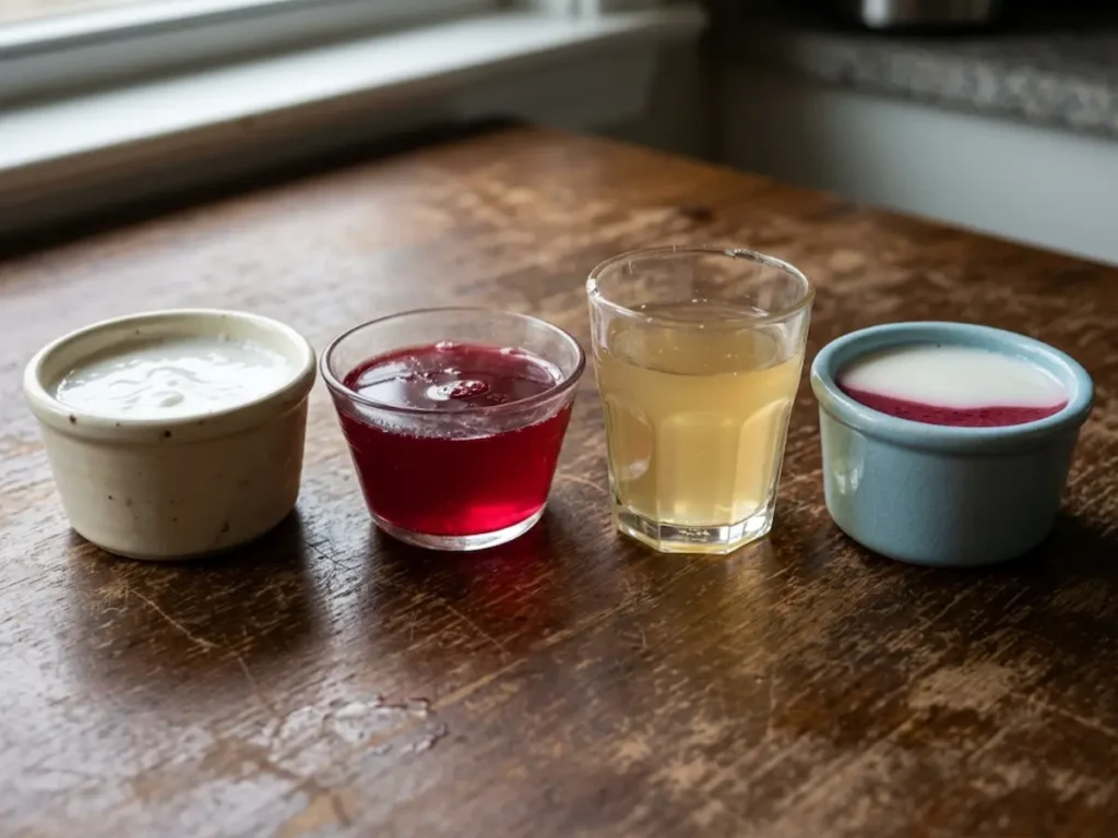 four variations of dr william li gelatin recipe for weight loss in mismatched ramekins showing plain pink citrus and layered versions on wooden table