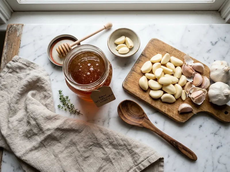 dr william li honey recipe ingredients raw honey garlic cloves flat lay
