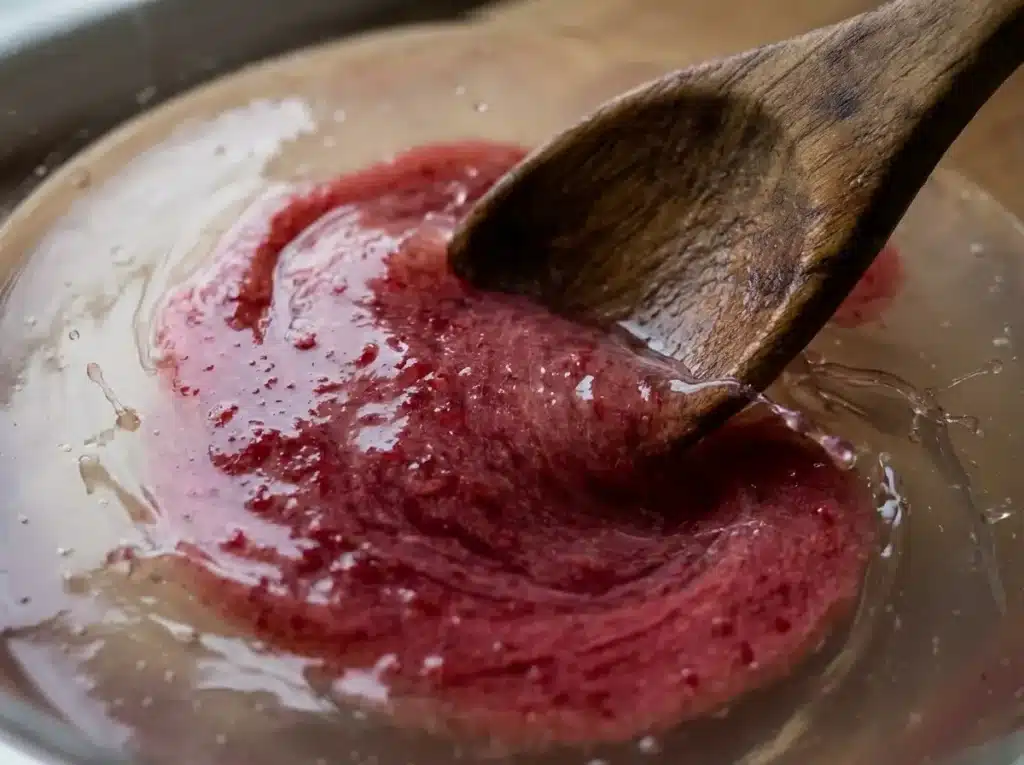 dark pink strawberry puree swirling into clear gelatin liquid mid-stir for dr william li pink gelatin recipe variation
