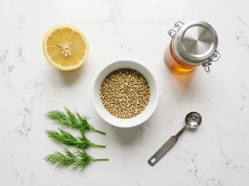 Fennel Seed Tea Ingredients fennel seed tea ingredients including whole fennel seeds honey lemon and fresh fennel fronds