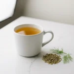 fennel seed tea in a white ceramic mug with dried seeds and fresh fennel garnish