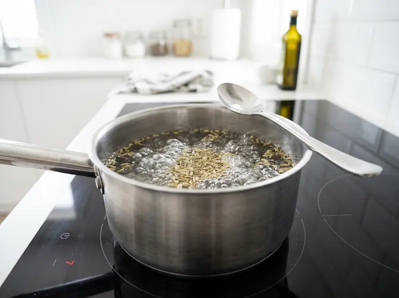 Boiling Fennel Seeds in Water fennel seeds simmering in boiling water in a modern stainless steel saucepan