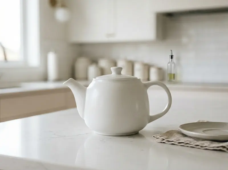 Steeping Fennel Seed Tea modern white ceramic teapot with lid closed steeping fennel seed tea on white surface