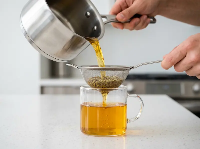 Straining Fennel Seed Tea pouring fennel seed tea through a fine mesh strainer into a clear glass