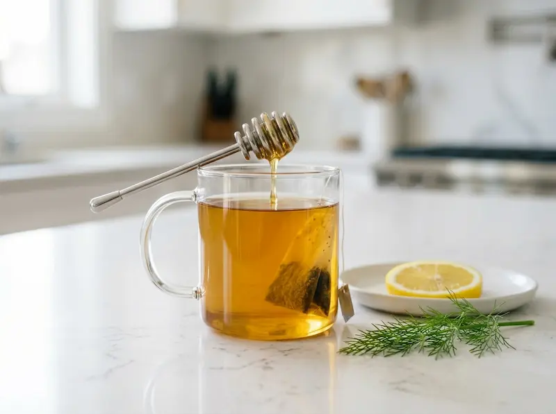 Fennel Seed Tea Final Served Cup finished fennel seed tea served in a clear glass mug with honey and fennel garnish