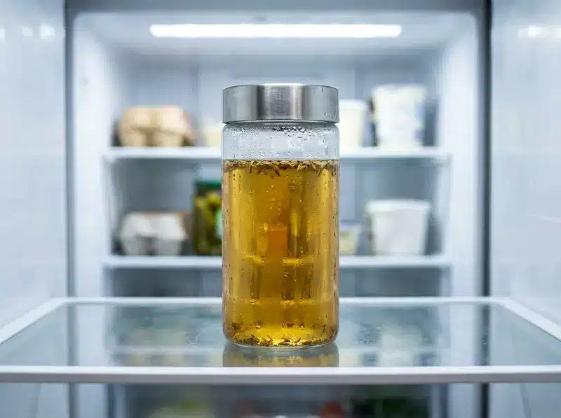 Storing Fennel Seed Tea in Fridge fennel seed tea stored in a sealed glass mason jar in the refrigerator